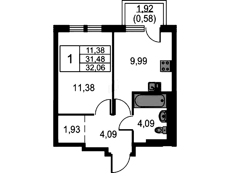 1-комнатная квартира 32.06 м², 11/15 эт., ЖК «Невская Долина»